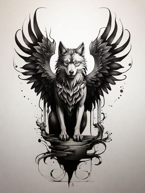 Wolf Back Tattoo Design, Black Wolf Tattoo For Women, Wolf And Raven Tattoo Design, Wolf Tattoo For Women Leg, Wolf Tattoo Ideas For Women Thigh Piece, Wolf And Phoenix Tattoo, Wolf Arm Tattoo Woman, Raven And Wolf Tattoo, Wolf Neck Tattoo