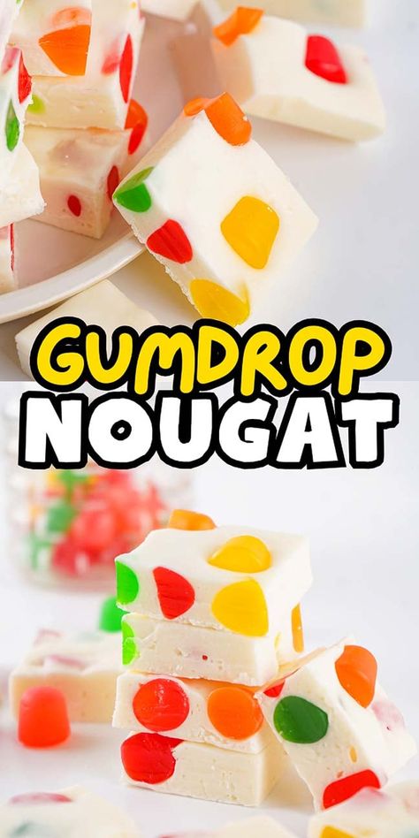 This sweet and chewy candy has been a beloved favorite for ages! With just 4 simple ingredients, you can create this tasty masterpiece in next to no time. Gumdrop nougat is not only sweet and satisfying, but its vibrant colors also bring a festive spirit, making it perfect for all your holiday celebrations. If you love sweets, this charming and nostalgic gumdrop nougat is sure to win your heart! Make extra - it's a nice idea for gifting too (and you can swap the Dots for any colorful candies!) Dots Nougat Candy, Marshmallow Candy Recipes, Jelly Nougat Candy Recipe, Gumdrop Nougat Candy Recipes, Mini Marshmallows Recipes, Marshmallow Nougat, Gumdrop Nougat, Candy Homemade, Nougat Candy