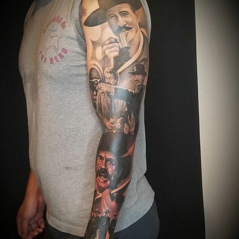 Tattoo sleeve inspired by the movie Tombstone Texas Themed Tattoos Sleeve, Old Western Tattoo Sleeve, Tombstone Tattoo Ideas, Wyatt Earp Tattoo, John Wayne Tattoo Ideas, Tombstone Tattoo Movie, Tombstone Movie Tattoo, Outlaw Tattoos For Men, Western Sleeve Tattoo For Men