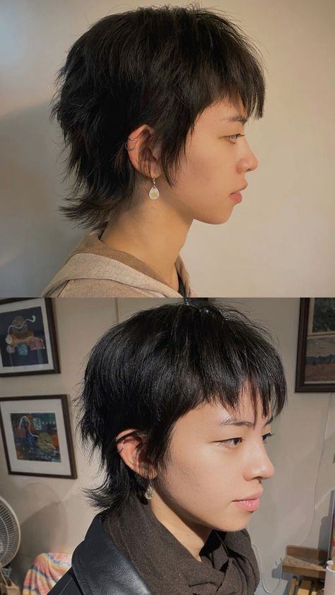 Short Short Wolfcut, Short Mullet Round Face, Really Short Mullet, Pixie Cut Asian Hair, Short Mullet Cut, Pixie Haircut Asian, Short Mullet Straight Hair, Pixie Haircut Straight Hair, Pixie Mullet Haircut