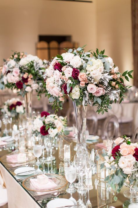 Little Hill Floral Designs | Wedding Florist | Wedding Reception | Centerpieces | Crystal Vase | Blush Florals Burgundy Wedding Centerpieces, Lovella Bridal, Mirrored Table, Red Weddings, Table Planner, Tall Centerpiece, Beach Wedding Decorations Reception, Masquerade Theme, Quince Decorations