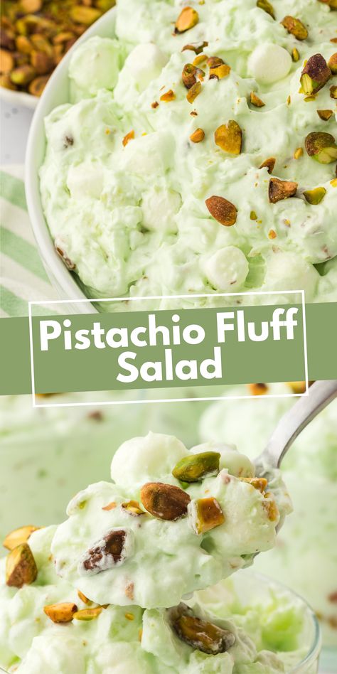 Pistachio salad will make you the star of family gatherings. I've perfected this pistachio salad recipe into just 3 easy steps you can do in 10 minutes, and you only need 5 simple ingredients. Pistachio Fluff Salad, Pistachio Pudding Salad, Pistachio Fluff, Congealed Salad, Fluff Salad Recipes, Mouthwatering Desserts, Creamy Fruit Salads, Pistachio Dessert, Fluff Salad