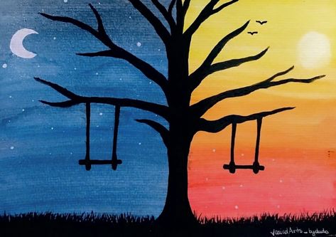 How To Draw A Sunset With Colored Pencils, Complementary Colors Art Ideas Easy, Opposite Painting Ideas, Watching Sunset Drawing, Pejzazi Art, Warm And Cool Colors Drawing, Cool And Warm Colours Paintings, Easy Silhouette Paintings, Monochrome Art Painting