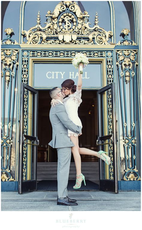 City Hall Wedding Obsessions Bride and Groom Kiss. thought about this with just a big reception after. City Hall Wedding Dress, Courthouse Wedding Photos, San Francisco City Hall Wedding, New Years Eve Weddings, Romantic Wedding Photography, Wedding Court, City Hall Wedding, Courthouse Wedding, Civil Ceremony