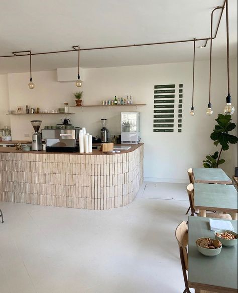 Beauty Salon With Coffee Shop, Cup Takeaway Design, Coffee Shop Work Station, California Coffee Shop, Small Coffee Shop Layout, Coffee Shop Aesthetic Minimalist, Coffee Shop Fridge, Neutral Coffee Shop, Minimalistic Coffee Shop