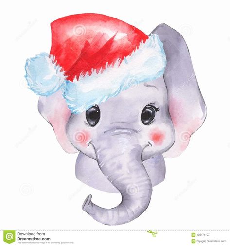 Christmas Elephant Illustration, Dumbo Christmas Wallpaper, Christmas Elephant Drawing, Cute Cartoon Illustration, Santa Hat Png, Elephant Clip Art, Elephant Christmas, Baby Animal Drawings, Happy Elephant