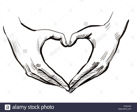 Download this stock image: hands making heart shape. Ink black and white drawing - PCWJRE from Alamy's library of millions of high resolution stock photos, illustrations and vectors. Hand Heart Drawing Sketch, Reilly Head, Hands Making A Heart, Heart Shaped Hands, Art Plage, Illustration Art Nouveau, Optical Illusion Tattoo, Family Tattoo Designs, Silhouette Drawing