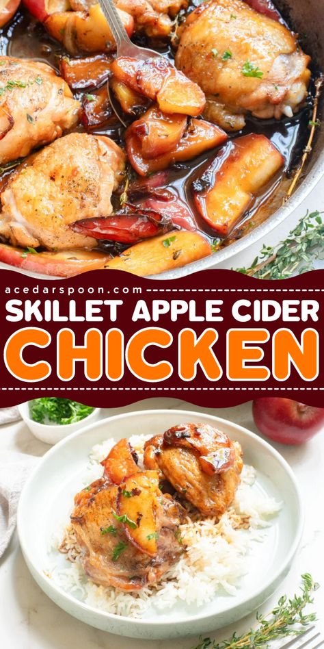 This Skillet Apple Cider Chicken is the perfect fall chicken dish that is both juicy and tender. This chicken is cooked in a skillet along with an apple cider glaze. You will love the sweet and savory flavors in this delicious dish! Apple Cider Chicken Crockpot, Chicken And Apple Recipes, Apple Cider Chicken, Cider Chicken, Apple Cider Glaze, Chicken Boneless Breast Recipes, Apple Chicken, Thanksgiving Dinner Recipes, Thanksgiving Dinner Menu