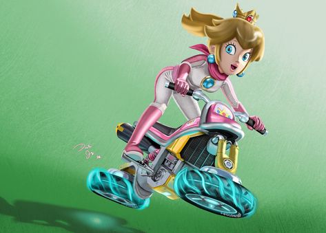 Princess Peach Motorcycle Outfit, Princess Peach Biker Suit, Princess Peach Athletic, Princess Peach On Motorcycle, Princess Daisy Mario Kart, Princess Peach Go Kart, Princess Peach Mario Kart, Peach Mario Kart, 2d Painting