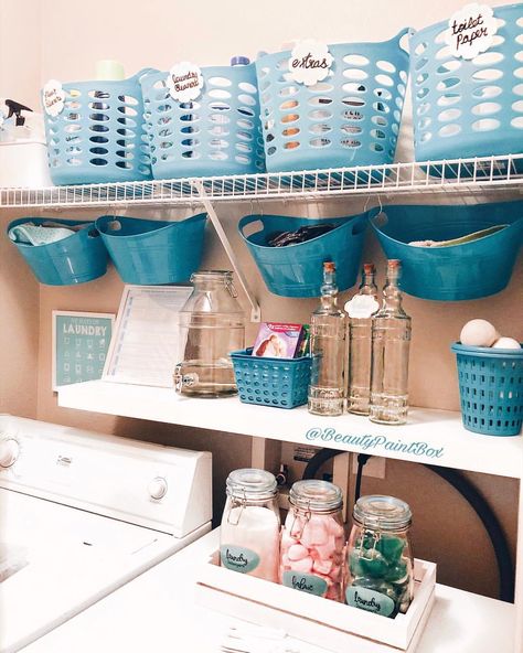 A temporary organization hack for my laundry room. Using @dollartree storage when you are renting is a doable organizing solution. I also… Dollar Tree Laundry Room, Diy Laundry Room Makeover, Perfect Laundry Room, Laundy Room, Laundry Room Hacks, Dollar Tree Organization, Tiny Laundry Rooms, Craft Closet, Stylish Laundry Room