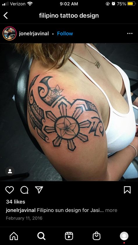 Filipino Back Tattoo Women, Filipino Shoulder Tattoo, Filipino Tattoos For Women, Philippines Sun Tattoo Woman, Filipino Sun Shoulder Tattoo, Feminine Filipino Tattoo, Filipino Sun Back Tattoo, Philippines Tattoo Woman, Filipina Tattoo