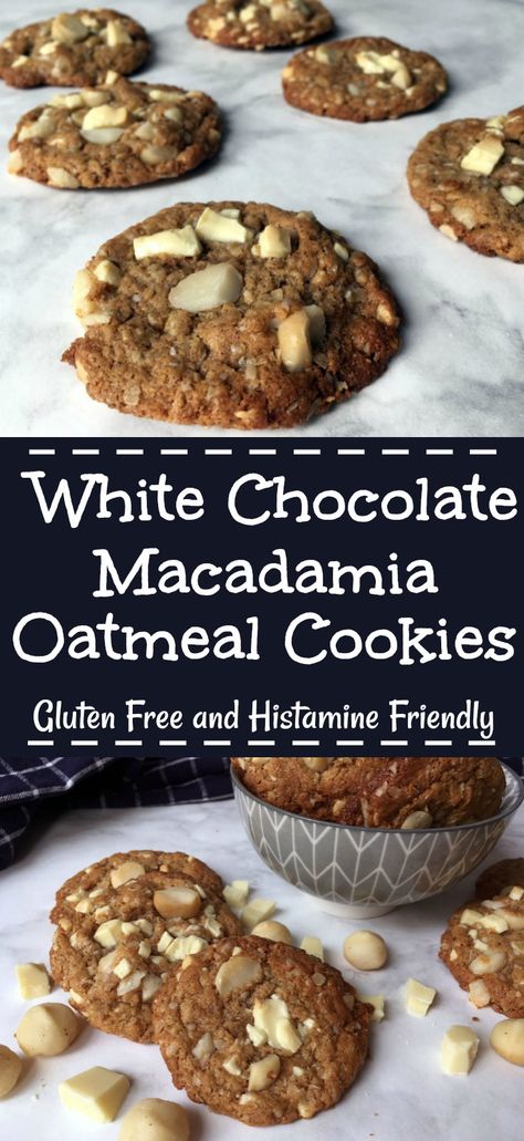 White Chocolate Macadamia Oatmeal Cookies - The Histamine Friendly Kitchen Basic Cookie Recipe, Macadamia Nut Butter, Gluten Free Oatmeal Cookies, Low Histamine Foods, White Chocolate Macadamia Nut Cookies, Low Histamine Diet, Low Histamine, White Chocolate Macadamia, Chocolate Macadamia