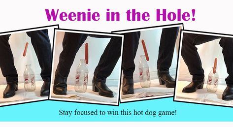 Weenie in the Hole - Hot Dog bachelorette game. All you have to do is get the wiener in the bottle. Goofy, hysterical and a lot harder then you think! Works for Bridal Showers too. Bottle Game, Trendy Bachelorette Party, Trendy Party Decor, Awesome Bachelorette Party, Bachelorette Party Planning, Dog Games, Lingerie Shower, Bachelorette Games, Adult Party Games