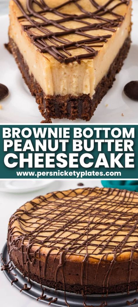 Brownie Bottom Peanut Butter Cheesecake - a layer of brownie topped with a creamy peanut butter cheesecake and drizzled with chocolate. A chocolate peanut butter lovers dream! Brownie Based Cheesecake, Peanut Butter Cheesecake Brownie Bars, Brownie Peanut Butter Cheesecake, Choc Peanut Butter Cheesecake, Peanut Butter Pretzel Cheesecake, Easy Chocolate Peanut Butter Cheesecake, Peanut Butter Topping For Cheesecake, Chocolate Pb Cheesecake, Chocolate Drizzle For Cheesecake