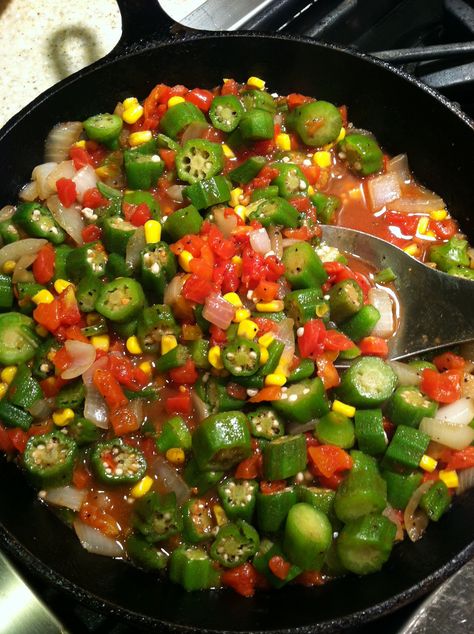 Dream Home Cooking Girl: Of course fried okra is hard to beat, but this makes for a nice little side dish. I really miss summertime and fresh veggies from the farmer's market, but frozen okra and corn will have to do for now :) Try this...I think you'll like it! Okra Tomatoes Corn, Okra And Tomato Recipe, Frozen Okra, Okra Recipe, Okra And Tomatoes, Okra Recipes, Southern Cooking, Healthy Side Dishes, Veggie Dishes