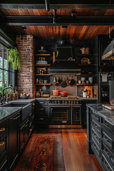 Ideas for Creating Dark and Moody Interior Spaces Loft Kitchens, Moody Kitchen, Kitchen Cabinet Inspiration, Gothic Kitchen, Sage Green Kitchen, Loft Kitchen, Green Kitchen Cabinets, Black Kitchen Cabinets, Cozy Kitchen