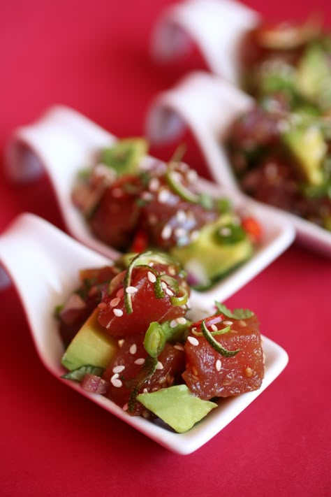 Hawaiian Poke Appetizers: Packed with protein and plenty of umami, these bite-size starters are healthy and on-trend. #appetizers #summer #seafood #nutrition #recipes #healthy #snacks #clean #eating Asian Spoon Appetizers, Poke Appetizer Bites, Hawaiian Hors D’oeuvres, Seafood Hors D’oeuvres, Poke Bites, Cafe Appetizers, Fancy Appetizers For Party Hors D'oeuvres, Elevated Appetizers, Fancy Hors D’oeuvres