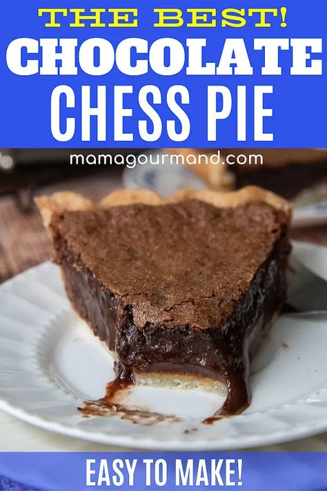 Old Fashioned Chocolate Chess Pie is a chocolate lovers dream come true! The best chocolate chess pie recipe is a classic southern dessert with a fudgy, rich chocolate flavored custard in a flaky buttery crust. #chocolatechesspie #southern #best #oldfashioned #withoutevaporatedmilk Best Chocolate Chess Pie, Baked Chocolate Pie Recipe, Easy Chocolate Chess Pie, Chess Pie Recipe Southern, Chess Cake Recipe Easy, Chocolate Buttermilk Pie, Fudge Pie Recipe Easy, Chocolate Custard Pie Recipe, Southern Desserts Traditional