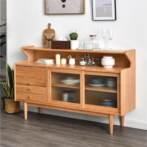 Hernest | Nordic 47.2" Natural Solid Wood 2 Drawers Sideboard Buffet with Glass Doors Mid Century Modern Cabinetry, Modern Sideboard Buffet In Dining Room, Narrow Buffet Cabinet, Modern Buffet Cabinet Dining Rooms, Buffet Flip, Kitchen Buffet Ideas, Kitchen Sideboard Ideas, Bookshelf Sideboard, Natural Sideboard