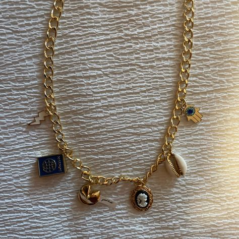 Blue And Gold Theme Gold Chain, Pretty Thick Chain Lobster Claw Clasp Around 16ish Inches But I Can Double Check The Exact Length Never Worn In Water And No Signs Of Wear/Tarnishing. I Probably Wouldn’t Wear This In Water Because The Gold Would Probably Tarnish Eventually. Everything Is From Etsy, Michael’s, And Hobby Lobby. Ask Questions Or Make Offers, There’s Lots Of Stuff (And More Charm Necklaces) Posted On My Page! Make Bundles To Save Even More Charm Necklaces, Chunky Charm Necklace, Charm Necklace Ideas, Charm Necklace Diy, Gold Necklace Simple, Gold Diy, Gold Charm Necklace, Stacked Jewelry, Fancy Jewelry