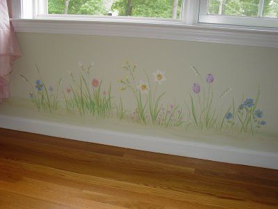 Playroom Mural Ideas, Simple Wall Mural, Garden Themed Nursery, Baby Nursery Murals, Nursery Murals, Church Nursery Decor, Playroom Mural, Baby Room Closet, Fairy Room