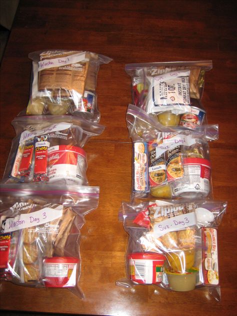 "72 hour kits. This shows 3 days of food for two people."  (I like how they're labeled so he doesn't sneak any of her food.) Food For Two People, Food Preparedness, Food For Two, Meal Kits Diy, 72 Hour Emergency Kit, Food Kit, Emergency Preparedness Food Storage, Emergency Preparedness Food, Emergency Prepardness