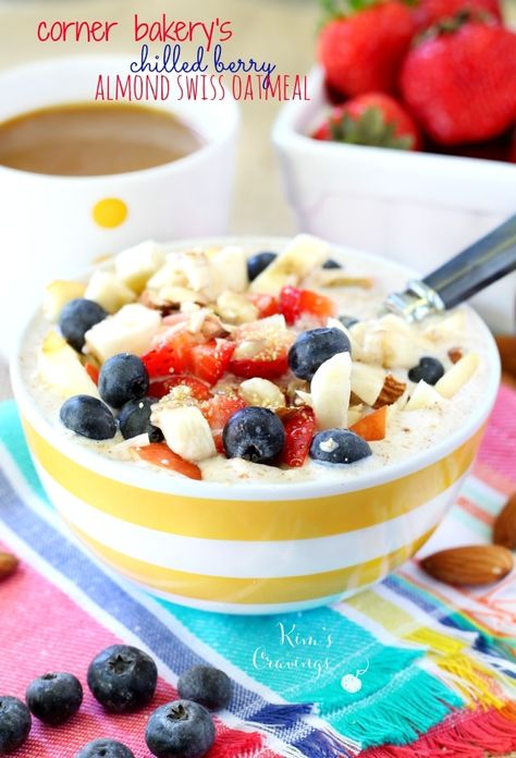 The Corner Bakery's Chilled Berry Almond Swiss Oatmeal is a seasonal item, but with this copycat recipe, you can enjoy this delicious swiss oatmeal year round! (made healthier & gluten-free) Corner Bakery Chicken Salad Recipe, Swiss Oatmeal, Easy Breakfast Bowls, Muesli Recipe, Berry Oatmeal, Corner Bakery, Breakfast Recipies, Best Brunch Recipes, Overnight Oats Recipe