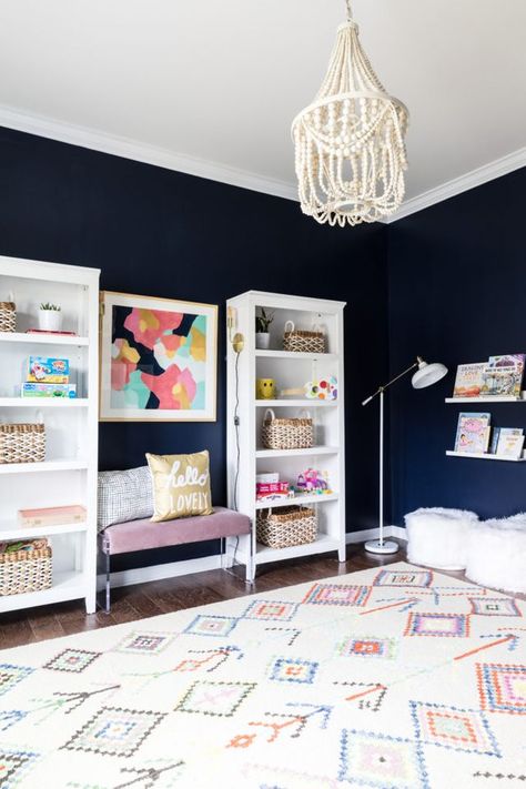 Navy Blue Playroom Ideas, Navy Blue Playroom, Navy Playroom, Blue Playroom, Travel Room, Colorful Room, Elegant Bedroom Decor, Living Room Playroom, Girls Room Design