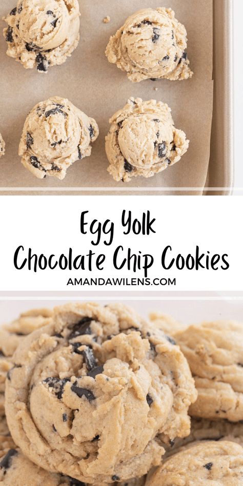 Delicious 4 egg yolk recipe for chocolate chip cookies! These egg yolk cookies are chewy, rich, and so tasty. Egg Yolk Recipe, Egg Yolk Cookies, Recipe For Chocolate Chip Cookies, Egg Yolk Recipes, Dough Cookie, Chewy Cookies, Egg Yolks, Cookie Bar Recipes, Chocolate Chip Cookie Dough