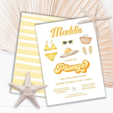 Taking the Plunge Beach Pool Bridal Shower for $2.65 - Bridal Shower Invitations Starfish Colors, Bachelorette Pool Party, Bachelor Gifts, Bachelorette Party Themes, Bachelorette Party Invitations, Outdoor Bbq, Bridal Shower Theme, Beach Themed, Bridal Shower Invitation