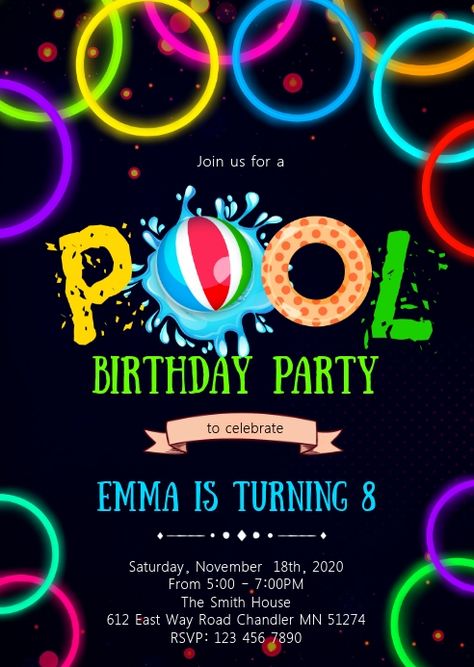 Glow Pool Party, Neon Pool Parties, Swim Party Invitations, Pool Birthday Invitations, Pool Parties Flyer, Pool Party Invitation Template, Pool Party Birthday Invitations, Glow Birthday, Party Flyers