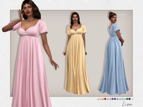 Sims 4 — Lisa Dress by Sifix2 — - New mesh - 15 swatches - Base game compatible - HQ mod compatibles - Teen - Young Adult Sifix Sims 4 Dress, Sims 4 Dresses Party, Sifix Sims 4, Sims 4 Nightgown, Sims Bridgerton, Sims 4 Bridgerton Cc, Sims Royal, Carol Dress, Lisa Dress