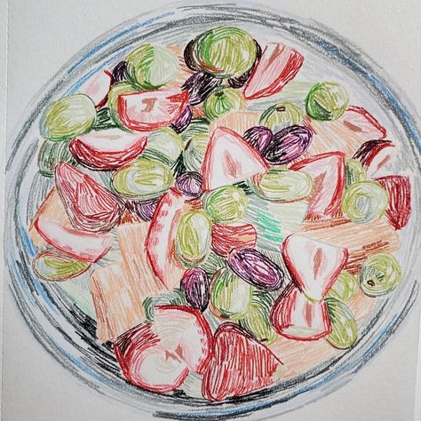 Colored Pencil Food Drawings, Fruit Salad Drawing, Fruit Bowl Drawing, Salad Drawing, Vegetable Drawing, Fruits Drawing, Screen Lock, Yogurt Bowl, Drawing On Paper