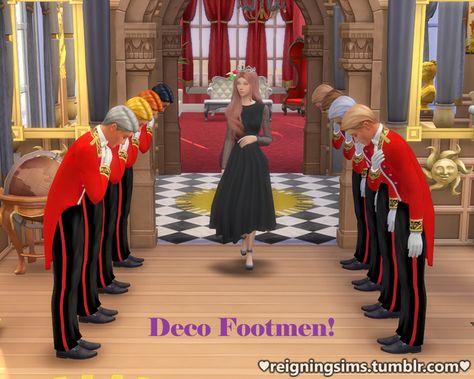 Deco Footmen Sims | Reigningsims on Patreon Servant Clothes, Deco Sims, Sim4 Cc, Cc Packs, Sims 2 Hair, Royal Clothes, 4 Poses, King Outfit, Sims 4 Mm Cc