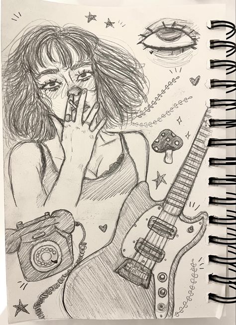 guitar rock girl aesthetic drawing idk Rock Aesthetic Drawing, Rock Music Drawings Ideas, Guitar Sketch Aesthetic, Cursed Illustration, Rock Guitar Drawing, Girl Playing Guitar Drawing, Guitar Girl Drawing, Girl With Guitar Art, Guitar Drawing Sketches