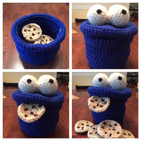 Cookie Monster cookie jar crochet with cookies. Crochet Cookie Monster Free Pattern, Cookie Monster Crochet, Crochet Cookie Monster, Cookie Monster Crochet Pattern Free, Cookie Monster Cookie Jar, Monster Decorations, Crochet Monsters, Crochet Mermaid, Art Base