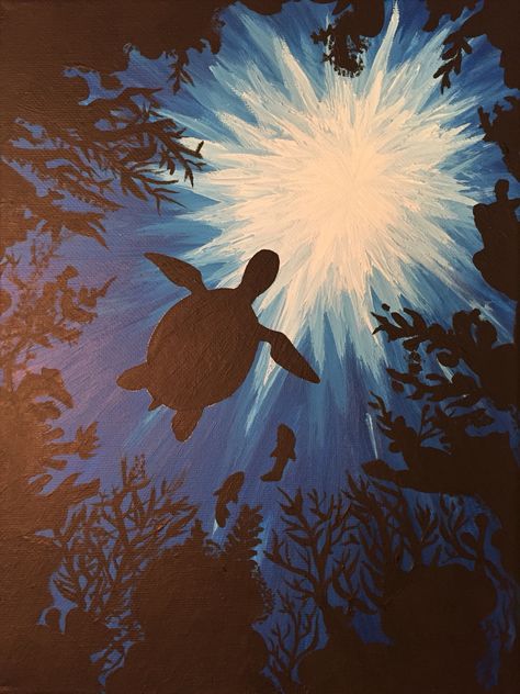 Sea Turtle Silhouette. Painted with acryllics Turtle Underwater Drawing, Turtle In Water Painting, Monochromatic Art Painting, Ocean Silhouette, Sea Turtle Silhouette, Parking Lot Painting, Turtle Silhouette, Sea Turtle Painting, Monochromatic Art