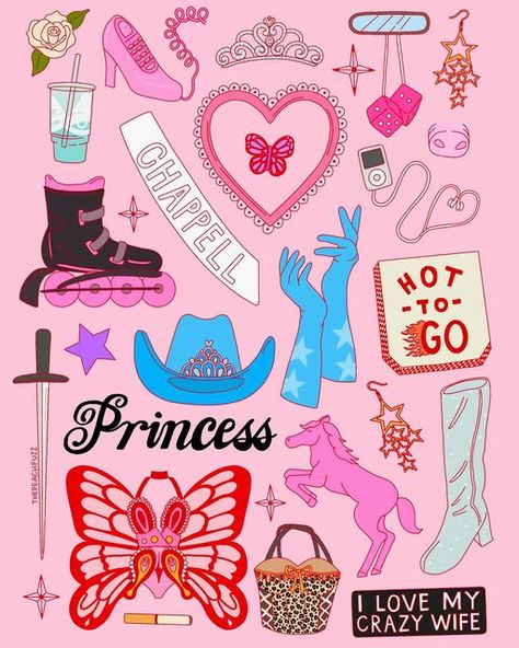 The Peach Fuzz on Instagram: "Reliving my younger days spending hours on polyvore by making these collage drawings. And what a fun inspo @chappellroan is!!! She is going to be at Outsidelands and I’m already losing my mind!!! Should I make this a sticker sheet or a print or something totally different?  #chappellroan #midwestprincess #illustration #womenofillustration #flashsheet #procreate" Losing My Mind, Outside Lands, Collage Drawing, Peach Fuzz, Lose My Mind, Sticker Sheet, My Mind, Losing Me, Sticker Sheets