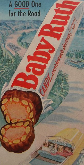 1940s BABY RUTH Candy Bar Vintage Illustration Advertisement by Christian Montone, via Flickr Chocolate Ads, Magazine Writing, Baby Ruth Bars, Vintage Food Labels, Candy Poster, Baby Ruth, Nostalgic Candy, Bar Vintage, Retro Candy