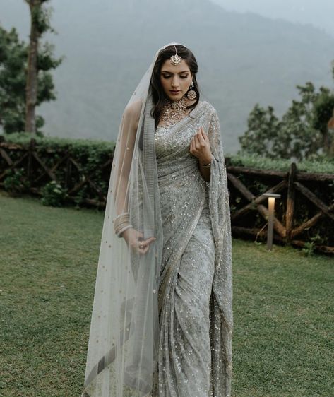 Take a deep breath, because Pari's engagement look will steal yours away! From the breathtaking saree to the enchanting veil and dazzling… | Instagram Reception Saree Look, Engagement Saree Look, Reception Saree For Bride, Bridal Lehenga Wedding, Engagement Looks, Engagement Saree, Engagement Look, Reception Saree, Indian Bride Outfits