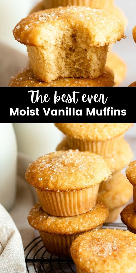 These classic vanilla muffins and moist, tender, fluffy, and made in one bowl. They are filled with vanilla flavor and are the perfect base muffin recipe so you can add many flavors and fillings! Mini Vanilla Muffins, No Butter Muffin Recipe, Easy Vanilla Muffins, One Bowl Muffin Recipes, Vanilla Yogurt Muffins, French Vanilla Muffins, Muffin Recipes Vanilla, Moist Vanilla Muffins Recipe, Vanilla Muffins Moist