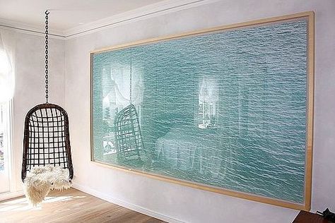 Love the hanging chair and the ripple water framed art. Indoor Swing Chair, Indoor Swing, Water Printing, Decoration Inspiration, Swinging Chair, Beach House Decor, 인테리어 디자인, Beach Decor, Large Wall Art