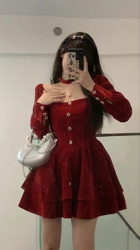 Winter Dresses Aesthetic, Red Classy Outfits, Red Clothing Aesthetic, Dark Red Outfit Aesthetic, Korean Dress Party Night, Romantic Academia Outfits, Korean Party Dress, Cute Christmas Dress, Red Dress Casual