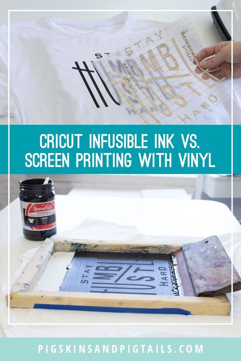 Cricut Infusible Ink vs. screen printing with vinyl and Speedball Ink. Comparing price, quality and more. #cricut #infusibleink Circuit Shirts, Silk Screen Printing Diy, Vinyl Craft Projects, Cricut 3, Screen Printing Supplies, Crafts Cricut, Diy Screen Printing, Screen Printing Process, Screen Print Transfer