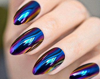 Nails Iridescent, Blue Chrome Nails, Blue Chrome, Blue Acrylic Nails, Almond Acrylic Nails, Super Nails, Coffin Nails Long, Metallic Nails, Ideas Nails