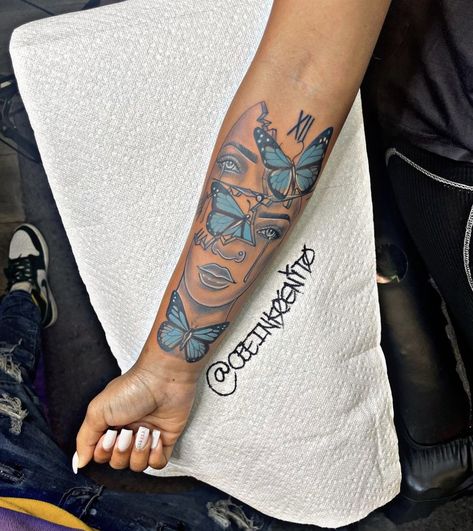 Blue Butterfly Tattoo Black Women, Black And Blue Butterfly Tattoo, Blue Tattoos For Women, Blue Ink Tattoo, Blue Ink Tattoos, Blue Butterfly Tattoo, Hand Tattoos For Girls, Cute Hand Tattoos, Hand And Finger Tattoos