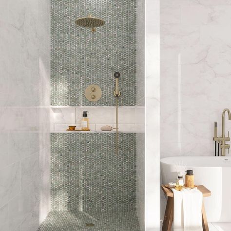 Envy Green Marble Penny Round Tile | Natural Colored Stone Tiles Light Green Master Bath, Shower With No Walls, Shower Cubby Ideas, Long Shower Niche, Ada Aesthetic, Master Bath Flooring, Doorless Showers Walk In, Shower Floor Tiles, Tiny Shower Room