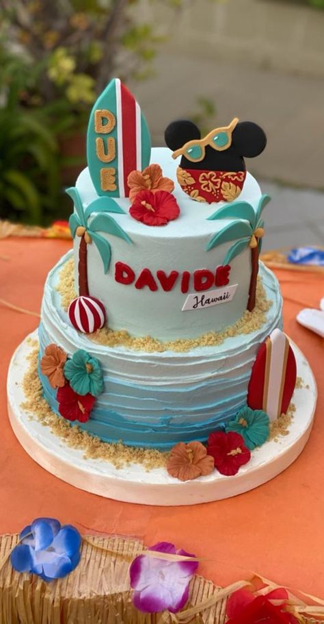 Mickey Mouse Pool Party Cake, Mickey Mouse Luau Birthday Party, Mickey Beach Party Birthday, Mickey Mouse Pool Party Ideas, Surfer Cake, Surf Cake, Pool Party Cakes, Surf Birthday, Mickey 1st Birthdays