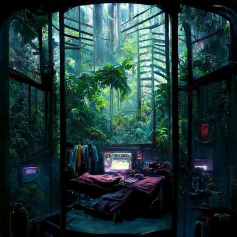 Solar Punk Room Decor, Biopunk City Concept Art, Cyberpunk Nature Aesthetic, Cyberpunk Room Concept Art, Urban Forest Architecture, Cyberpunk Aquarium, Plant Cyberpunk, Eco Cyberpunk, Overgrown Cyberpunk