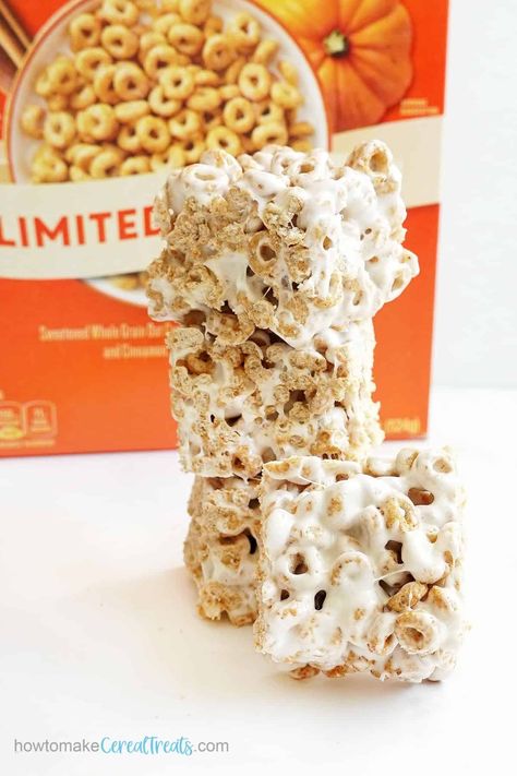 3-ingredient Pumpkin Spice Cheerios Bars for fall Cheerios Bars, Pumpkin Spice Cheerios, 3 Ingredient Pumpkin, Incredible Desserts, Cheerio Bars, Dessert For Fall, Gluten Free Marshmallows, Cinnamon Cereal, Thanksgiving Desserts Table